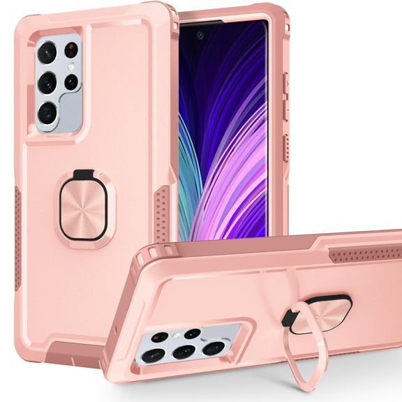 for Samsung Galaxy S22 Ultra 5G 6.8" 2022 Case, 360° Rotate Ring Kickstand Magnetic Shockproof Rugged Stand Cover Hard PC/Silicone Back Military Grade Heavy Duty Protective Case, Rosegold