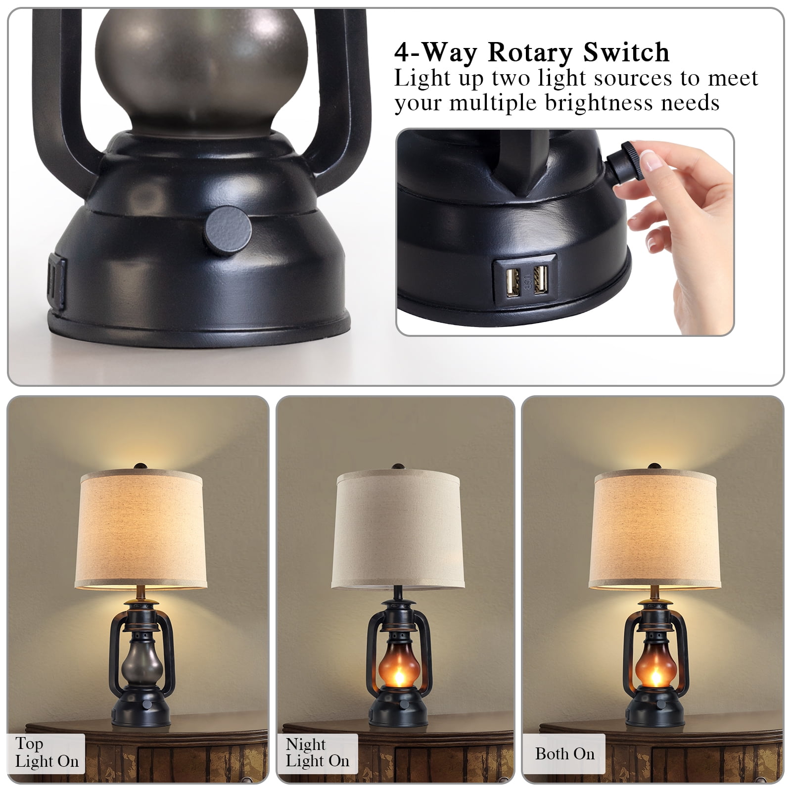 JUJUYUYOP 22" Farmhouse Lantern Table Lamp Set of Two with Dual USB Charging Ports, Suitable for Living Room or Bedroom, Includes 4 Bulbs