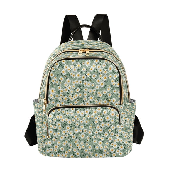 Qxltty Quilted Backpack for Women, Chic Green White Daisy Travel Daypack with Front Pocket for Casual Daily Use