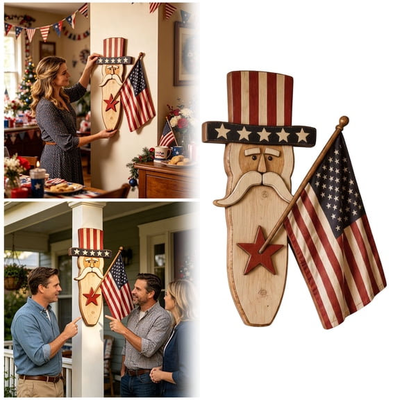 Vintage Uncle Sam Patriotic Wall Hanging with Flag,250th Anniversary Patriotic American Flag Wooden Sign for Front Door Porch,4th of July Independence Day Decorative Stake for Home Garden,40cm