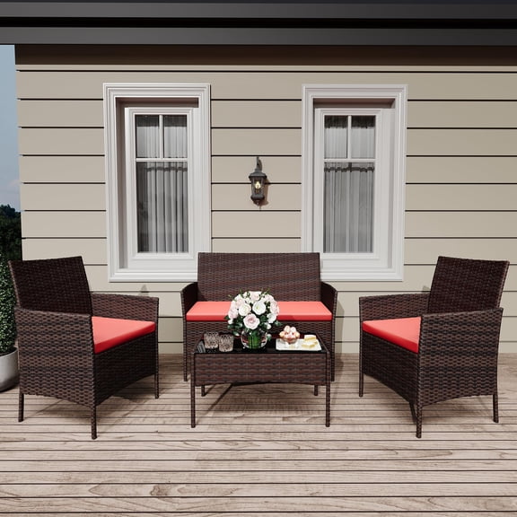 Brown red 4-piece rattan outdoor patio furniture set