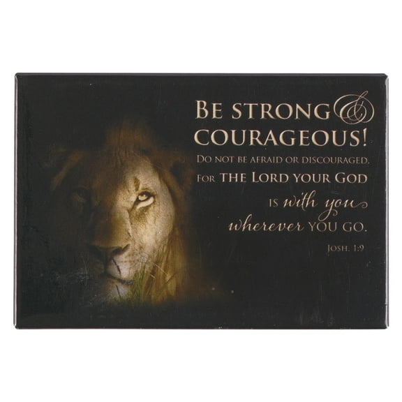 Christian Art Gifts Sturdy Decorative Refrigerator Scripture Magnet for Men/Women: Strong & Courageous Encouraging Bible Verse, Inspiring Lion Brown/Black Multicolor Design, Home, School, Rectangular