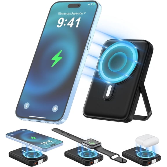 Entronix Magnetic Power Bank, 10000 mAh Portable Charger Compatible with Wireless and USB-C Wired Charging, Black