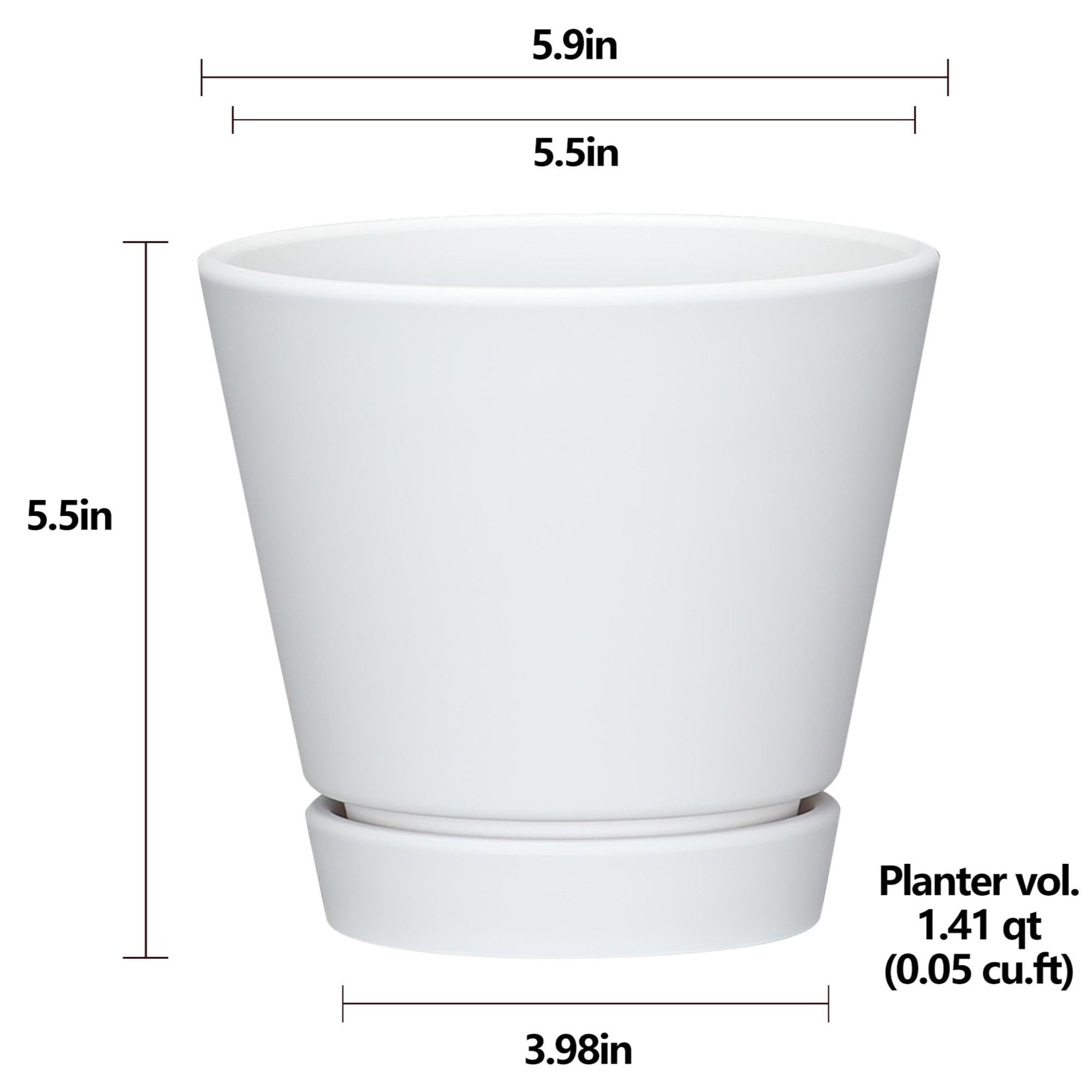 (2 pack) Mainstays Recycled Resin Planter With Attached Saucer, White, 5.9in x 5.9in x 5.5in
