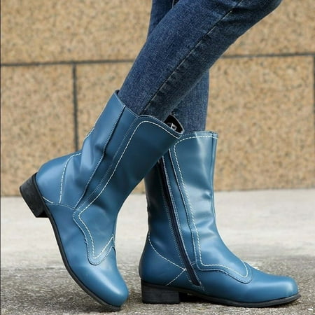 

VEKDONE 2023 Clearance Boots Deals Boots For Women Chunky Low-Heel Mid Barrel Shoes Fashion Platform Side Zip Anti-Slipping
