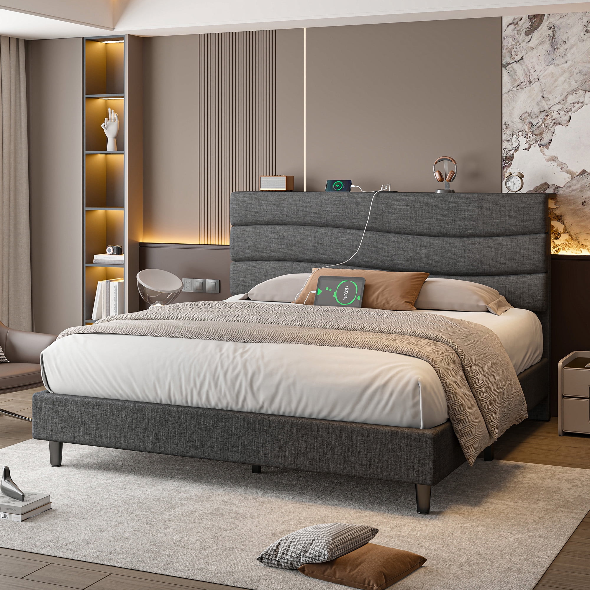 EnHomee Queen Size Bed Frame with Headboard Upholstered Bed Frame Queen with Storage Queen Size Bed Frame with Charge Station Gray, No Box Spring Needed, Noise Free