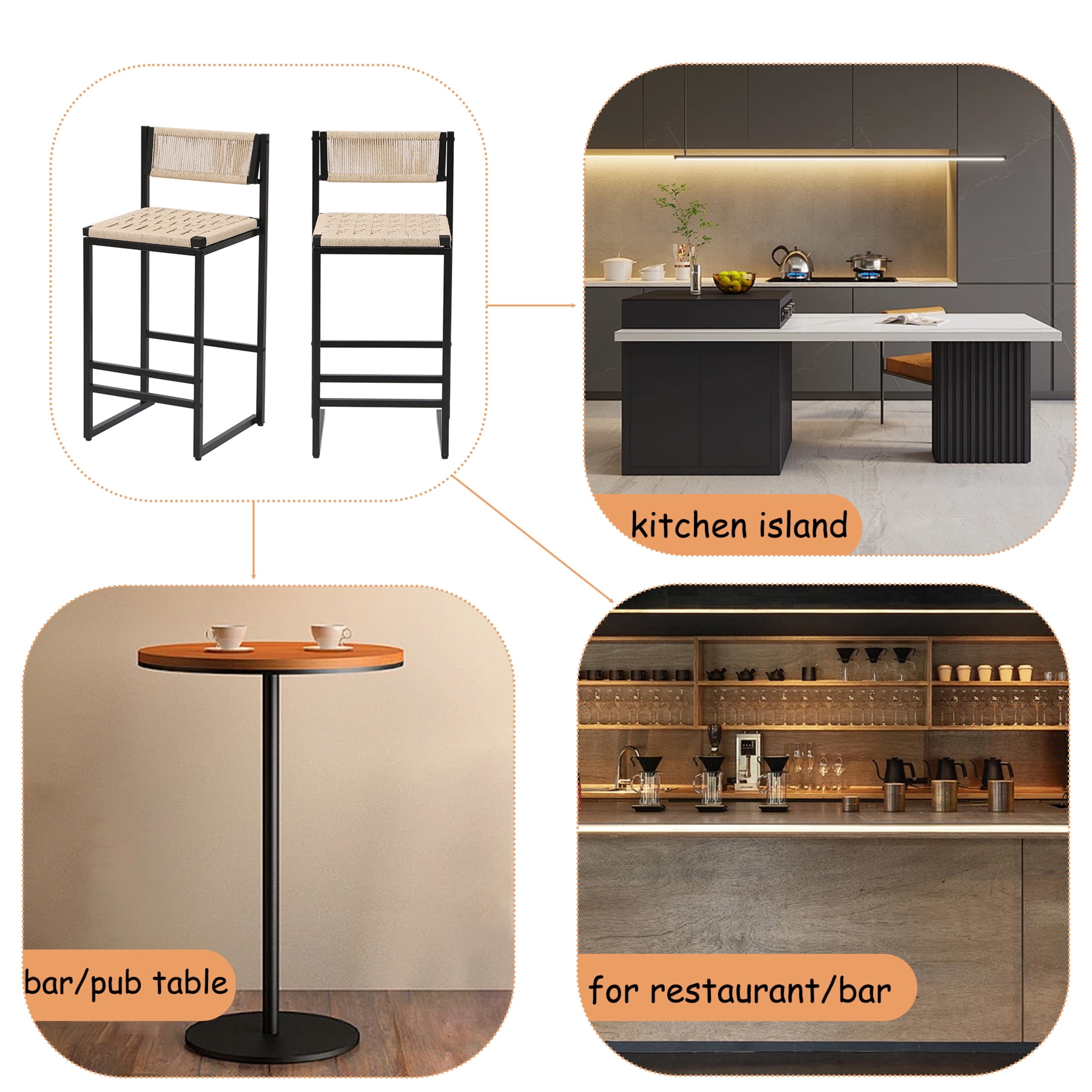 Noble House Paper Rope Bar Stools Set of 2 with Metal Frame & Footrest, Counter Height Chairs, Creamy White