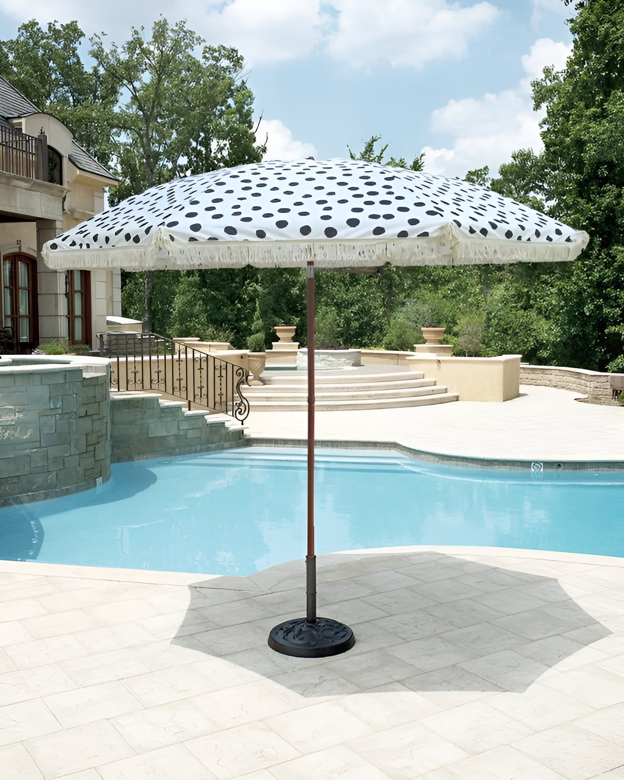 Bayside21 8 Feet Fringe Outdoor Patio Umbrella with Tilt, Boho Umbrella with Fringe,Tassel Umbrellas UPF 50+ Sun Protection UPF50+,Black Dot Design