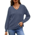 thumbnail image 3 of Women Knit Sweaters Fall V Neck Long Sleeve Pullover Casual Loose Sweater Dark Blue XL, 3 of 5