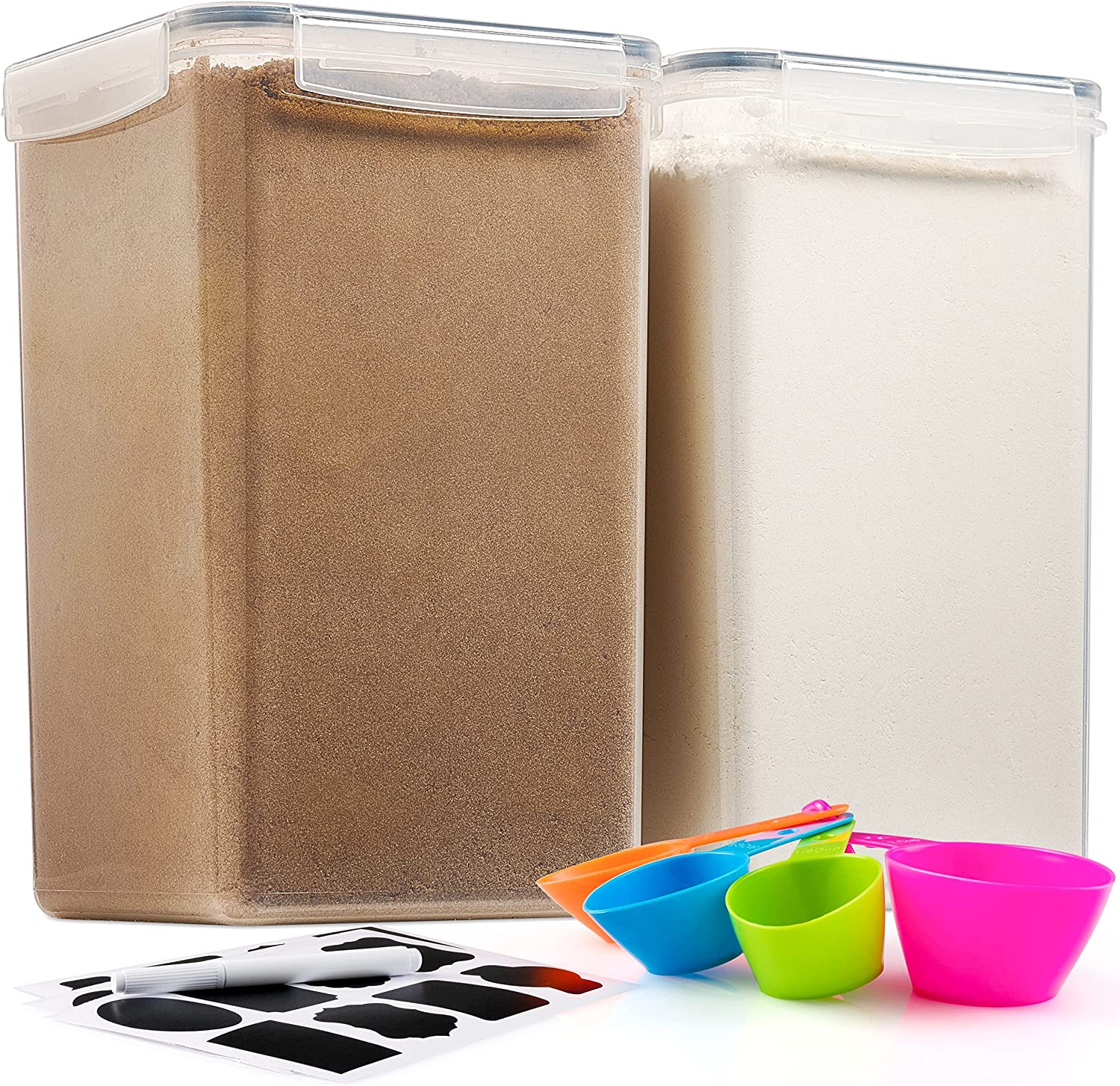 2 Pack Extra Large Airtight Food Storage Containers - 6.5L / 220 Oz BPA Free Clear Plastic Kitchen and Pantry Organization Canisters for Flour, Sugar, Rice & Baking Supply - Labels, Marker & Spoon Set