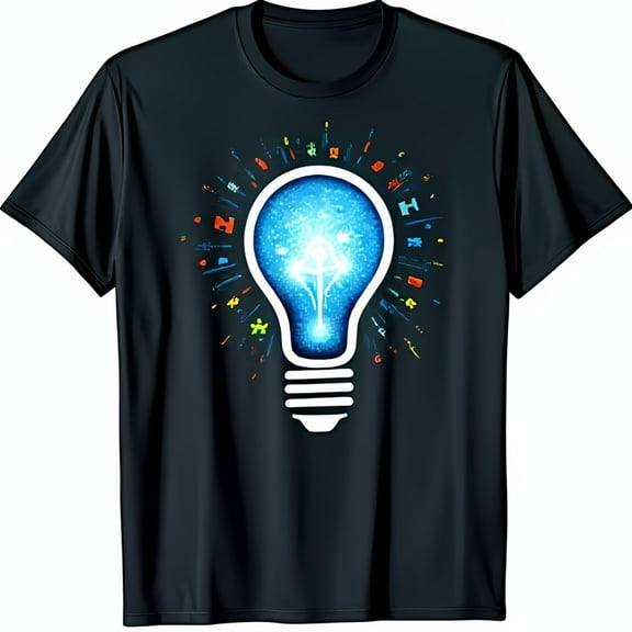 Glow In The Dark Lightbulb Graphic Black T-Shirt with Colorful Shapes