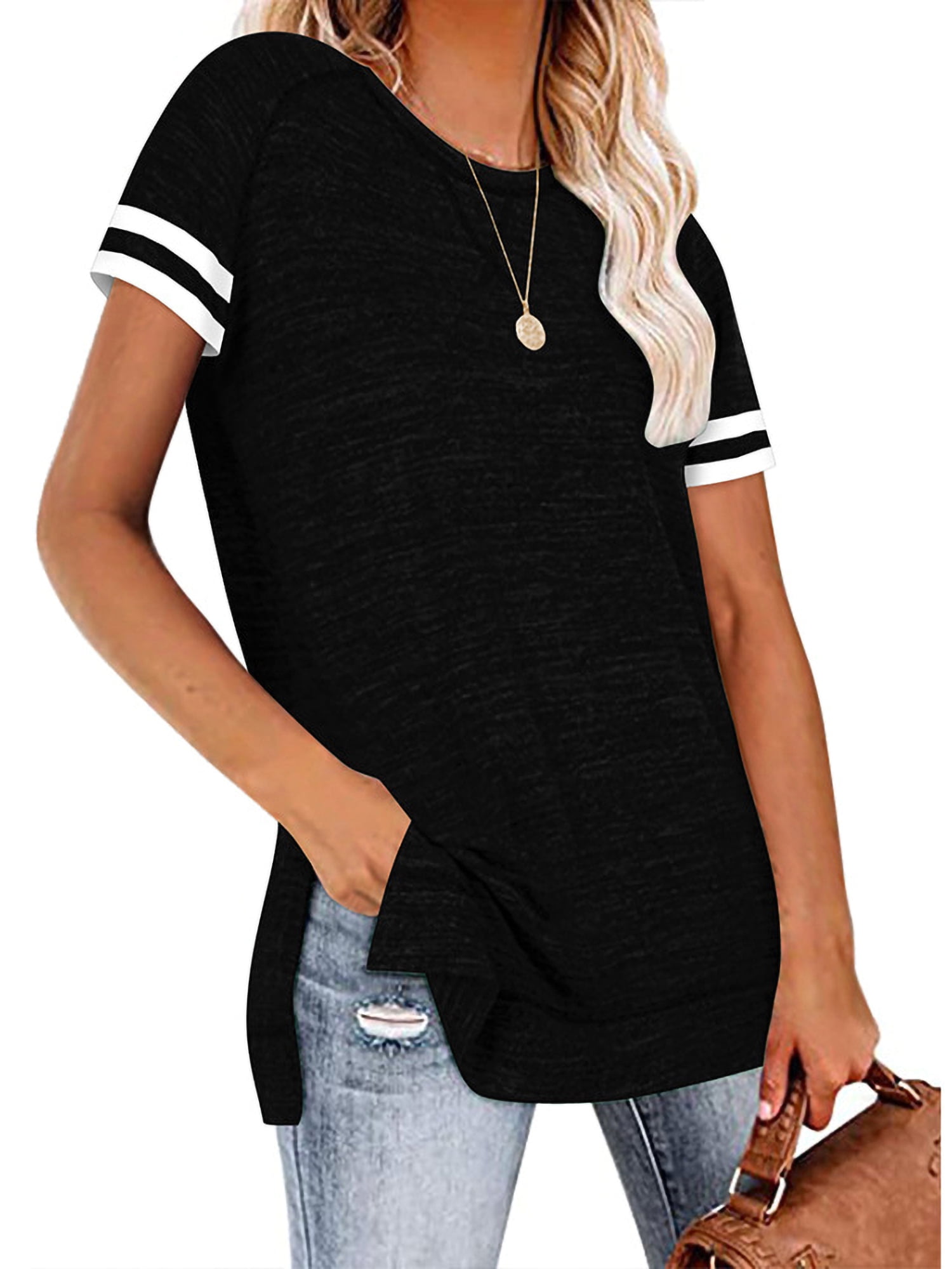 Womens Short Sleeve Shirts Crew Neck Color Block Workout Top Casual ...