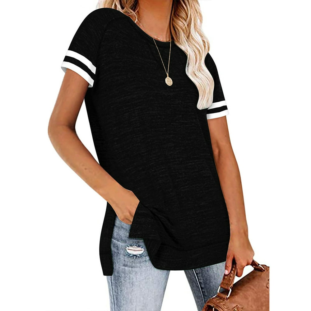Womens Short Sleeve Shirts Crew Neck Color Block Workout Top Casual