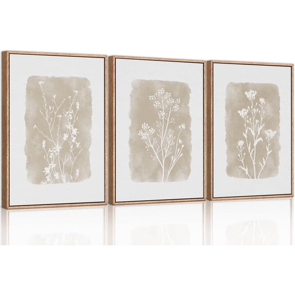 Botanical Farmhouse Wall Art Set, Framed Boho Plant Wall Decor, Neutral Minimalist Floral Wall Painting, Rustic Wildflower Canvas Art Prints for Living Room, Bedroom, Bathroom - Large 16"x24"x3