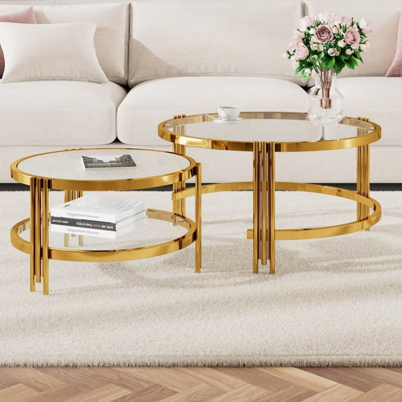 2-Piece Nesting Coffee Table Set with Textured Glass and Gold Metal Frames, Round End Tables for Living Room, 33" Wide