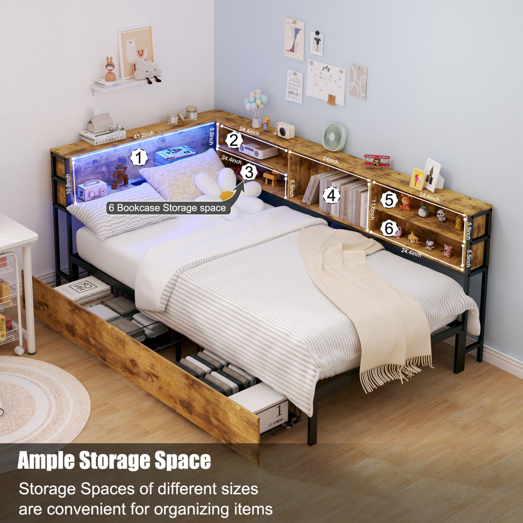 AENKYO Twin Size Corner Bed Frame with Charging Station, Smart LED Lights, Bookshelf Headboard & 2 Drawers, Rustic Brown