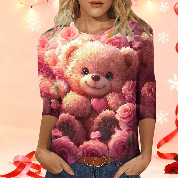 Craaazy Women's Loose Valentines Sweatshirt with Prints Cozy 3/4 Sleeve Tops Gifts