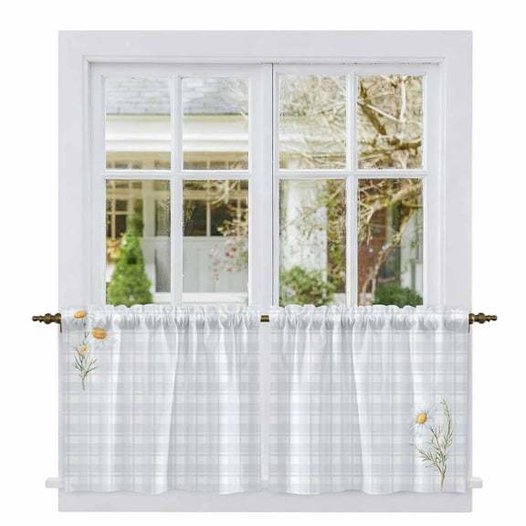 Spring Daisy Floral Tier Curtains 24 Inch Length, Yellow Plaid Summer Botanical Cafe Short Curtains for Bathroom Over Sink, Small Kitchen Curtain Light Filtering Tiered Drapes 2 Panels 27.5"Wx24"L