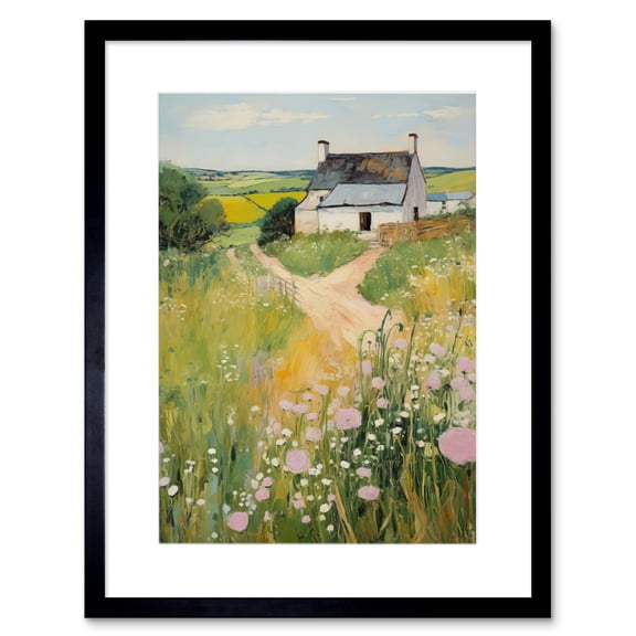 Country Farmhouse Cottage Scene Traditional Landscape Oil Painting Meadows Countryside Summer Artwork Framed Wall Art Print 9X7 Inch