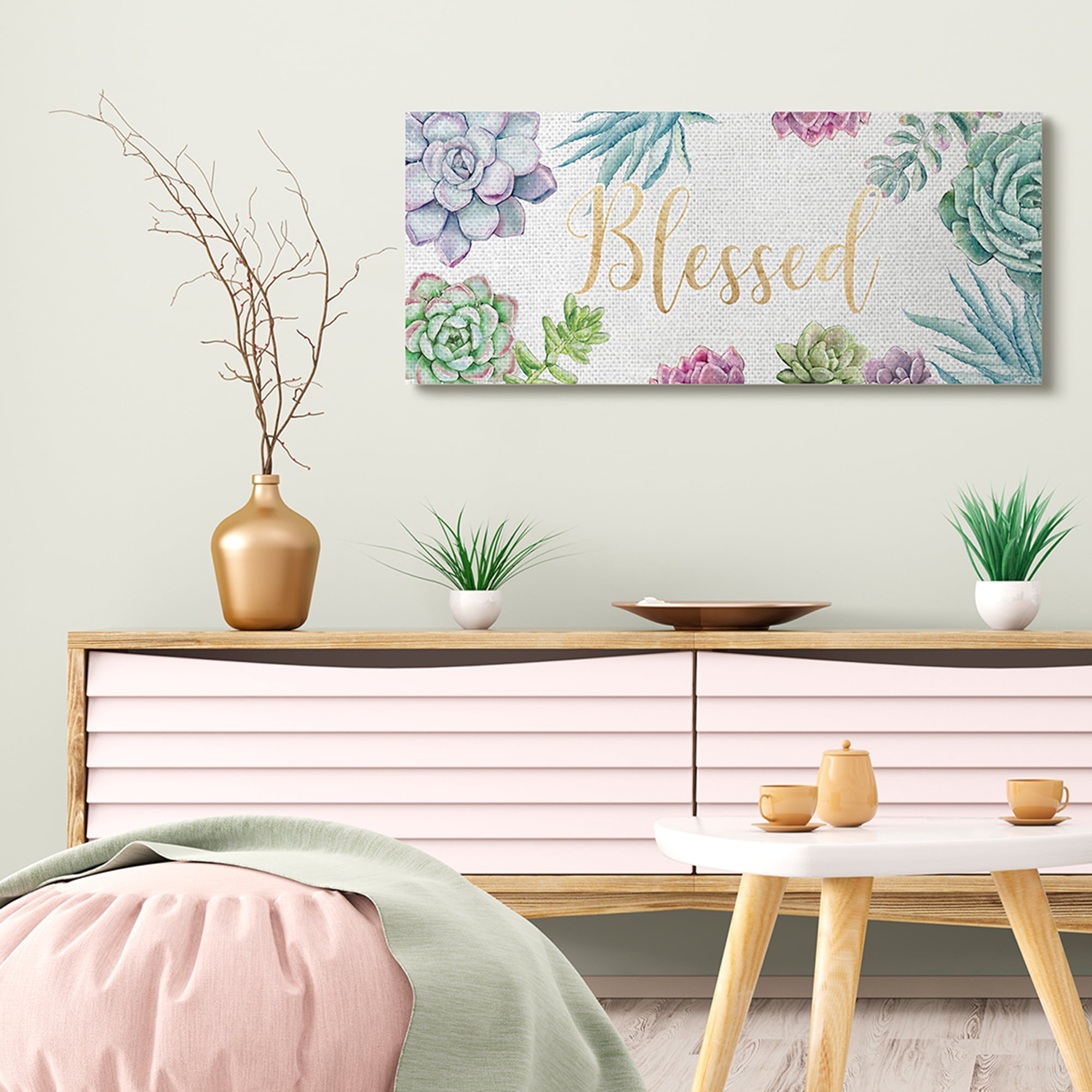Stupell Industries Chic Blessed Expression Purple Succulent Greenery Botanical & Floral Painting Gallery Wrapped Canvas Art Print Wall Art, 17 x 40