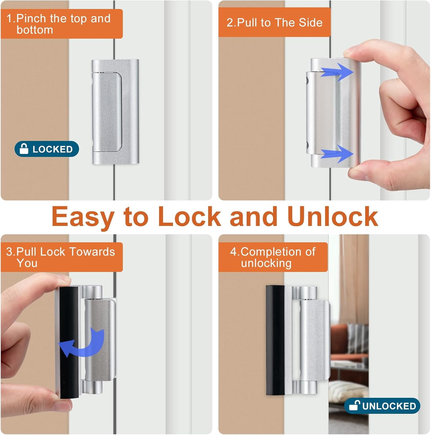 Home Security Door Lock 2 Pack Childproof Door Reinforcement Lock 3 Inch Stop Withstands 800 Lbs For Inward Swing Doors Silver