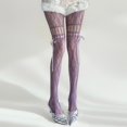 thumbnail image 2 of Women Hollow Out Lace Bow Tie Fishnet Tights, Y2K Millennium Style Floral Mesh Pantyhose, Vintage Japanese Cute Strap Lace Up Sheer Hosiery for Daily Outfits Party Wear(Purple), 2 of 5