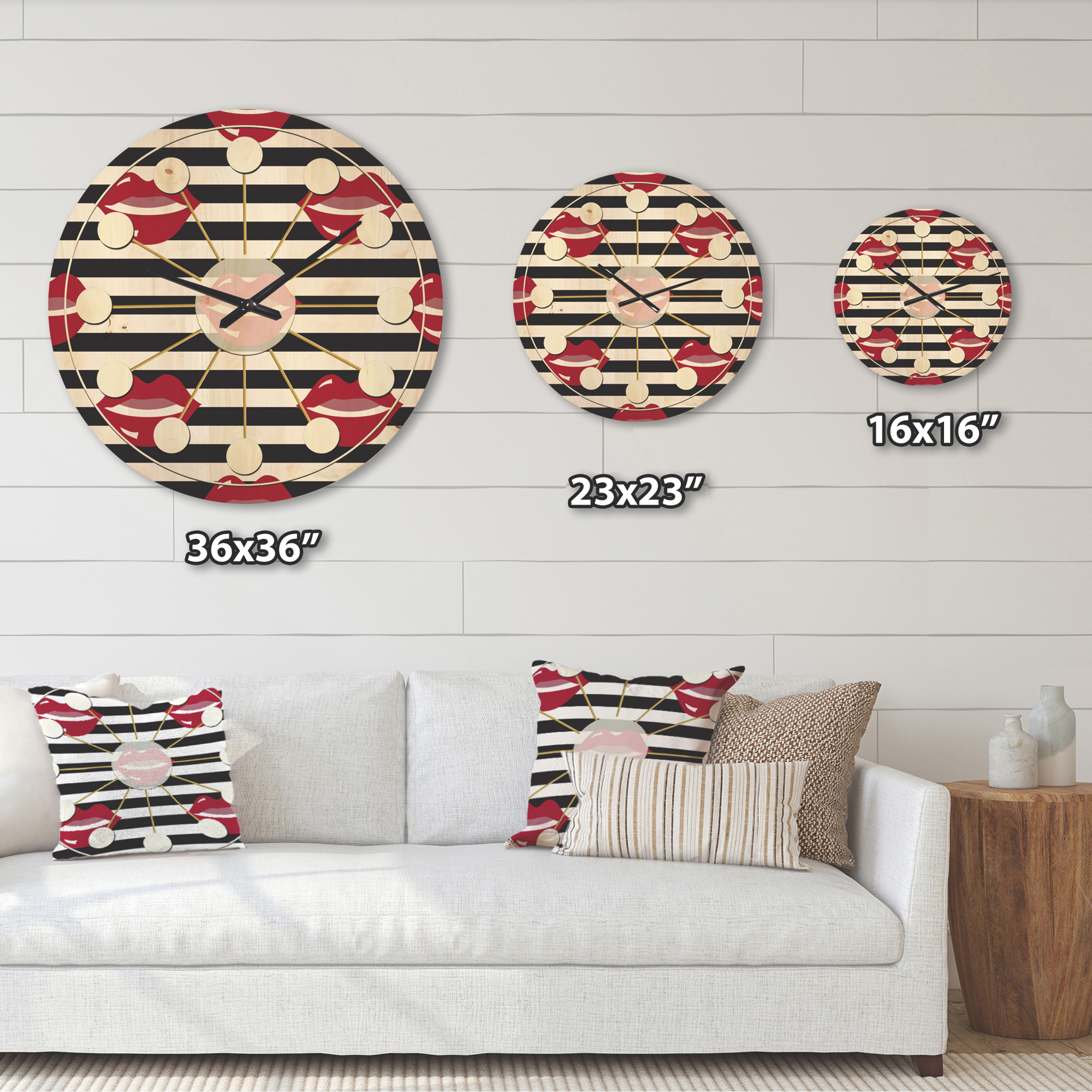 Designart 'Red Lips Fashion Horizantal Pattern' Mid-Century Modern Wood Wall Clock