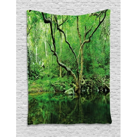 Green Tapestry Forest Moss Leaves Nature Themed Isolated Jungle Image Photo Print Wall Hanging For Bedroom Living Room Dorm Decor Dark Brown And