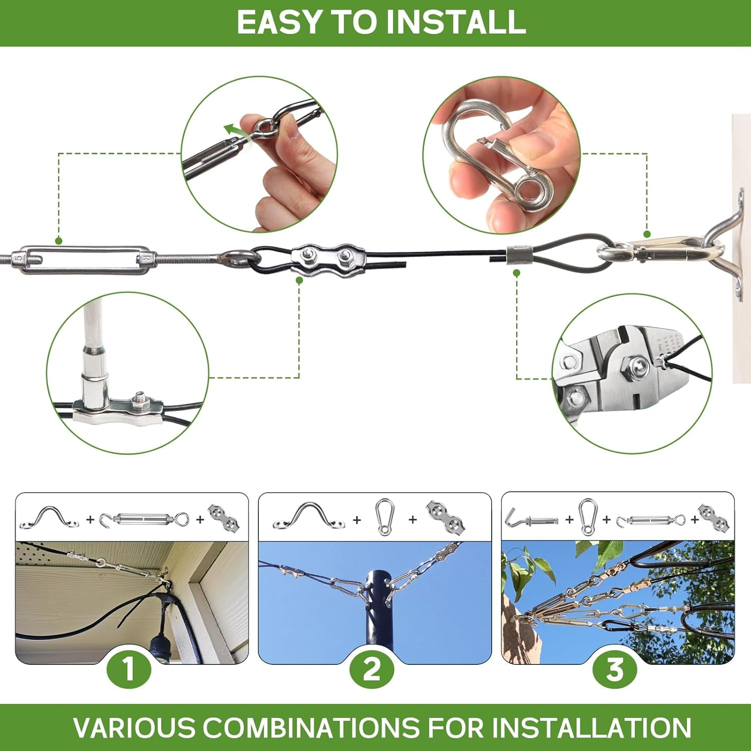 String Light Hanging Kit with 164FT Vinyl Coated Stainless Steel 304 Wire Rope Suspension Kit Included Enough Accessories with Turnbuckles and Hooks for Patio, Garden and Wedding Lighting