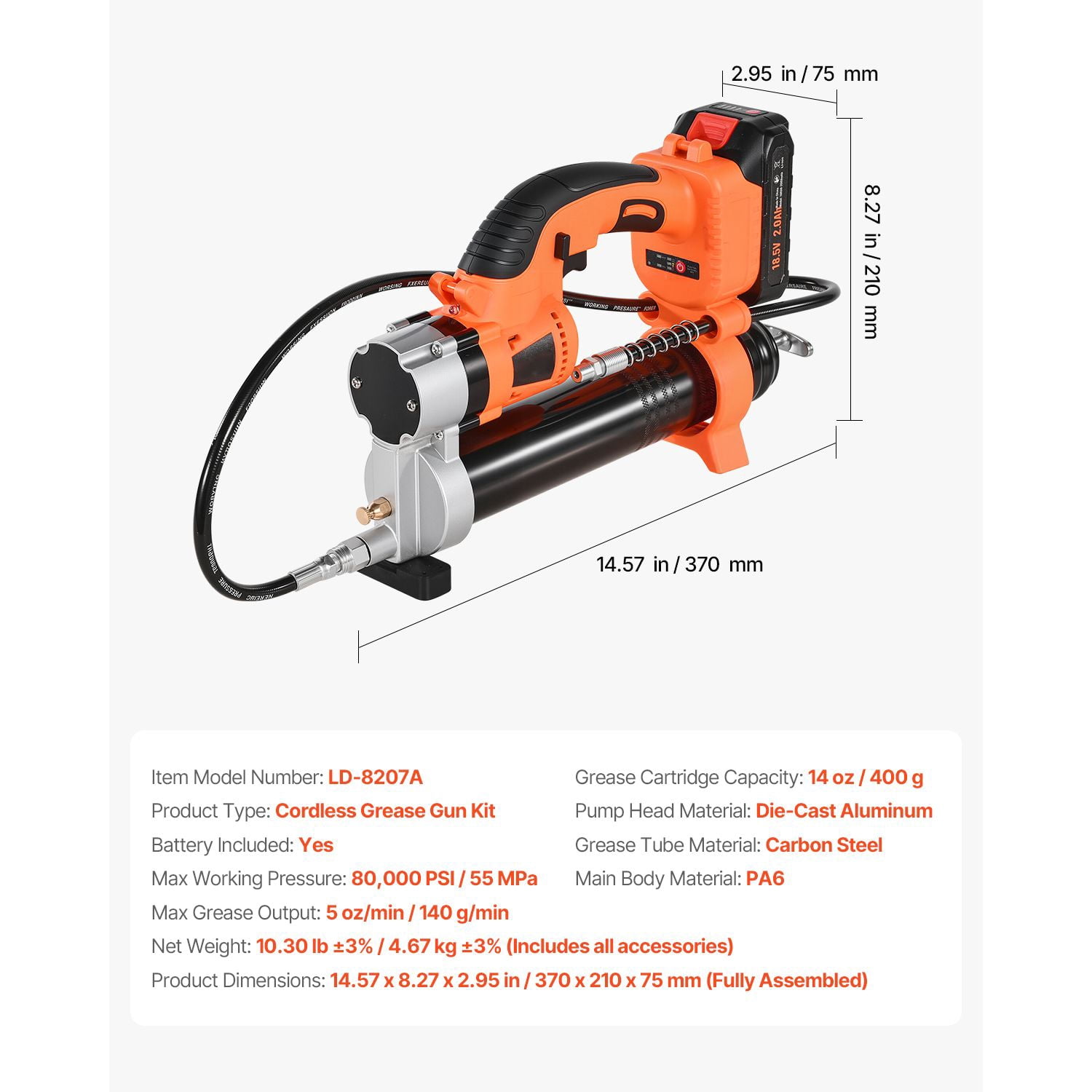 Cordless Grease Gun,8000 PSI Max Pressure,20V Electric Grease Gun with 2.0 Ah Battery&LED Light,30-"Long Hose&Carrying Case,Variable Speed Triggers,Vehicles or Machines Greasing