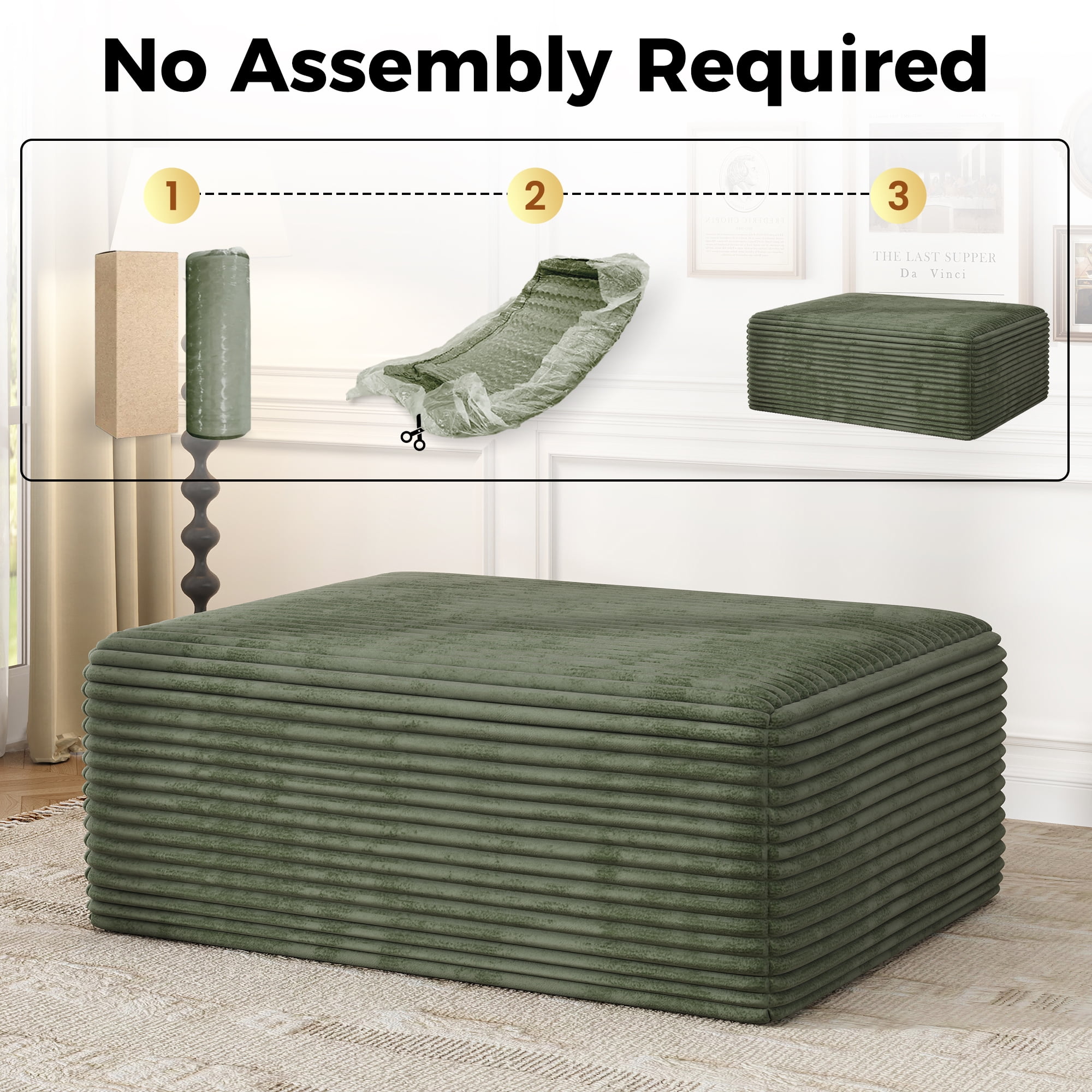 Large Oversized Ottoman Bench for Living Room, Extra Seating & Coffee Table for Sofa, Plush Corduroy Pouf Footrest, No Assembly Needed, Rectangle Floor Ottoman, (Sage Green)