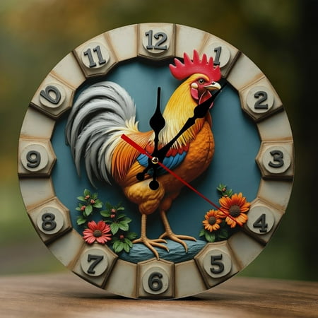 Wall Clock Decorative - Retro Rooster Flower Print 2D Vintage Wall Clocks Battery Operated Silent Non-Ticking for Bedroom, Living Room, Kitchen, Office, Classroom, 10 Inch