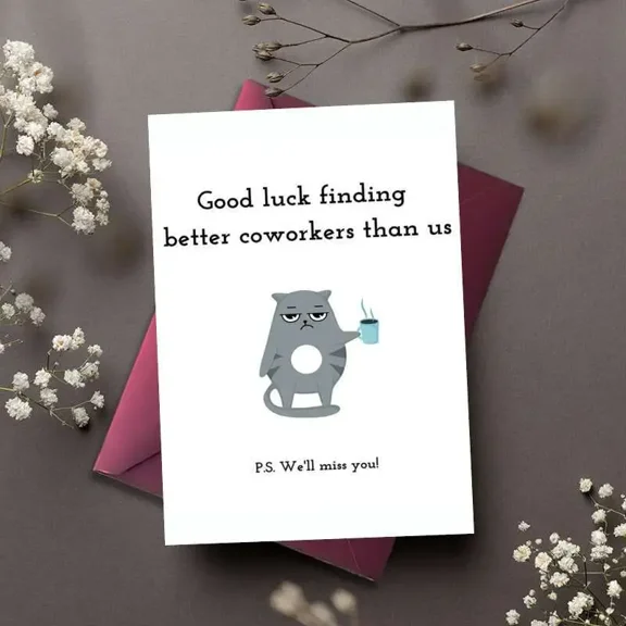 Good Luck Coworkers Card – Hilarious Cat Design – Farewell Greeting Card for Leaving Coworker – Blank Inside with Envelope – Perfect Gift for Farewell Wishes