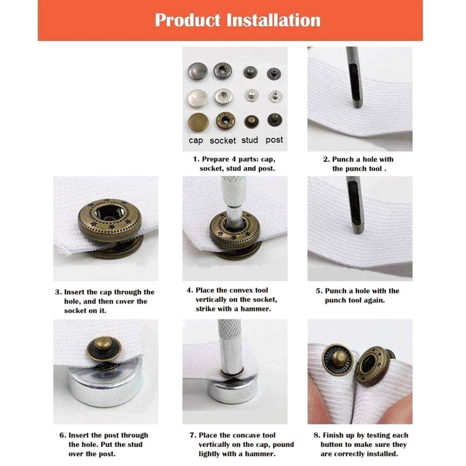Geemin 120 Sets Round Snap Fastener Kit No Need Sew Removable Clothing Snap Buttons