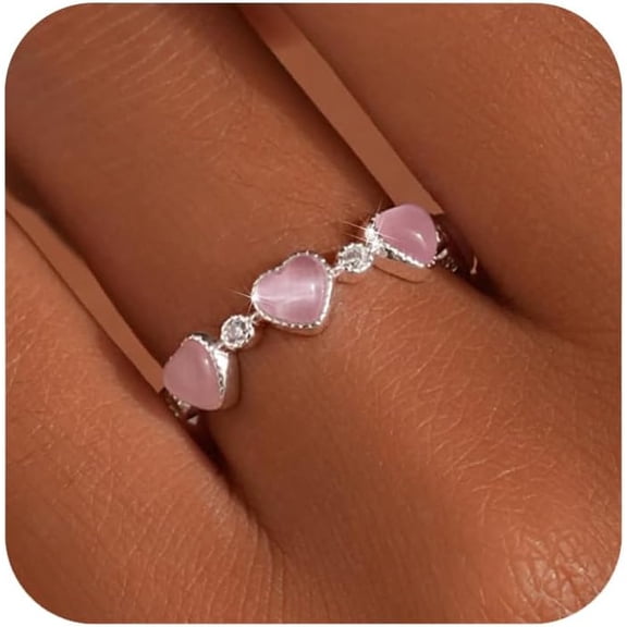 925 Sterling Silver Love Heart Ring with Pink Stone for Women Daughter Cute Cat's Eye Stone Adujustable Open Ring Y2K Stackable Statement Ring Wedding Jewelry Birthday Gifts for Friends