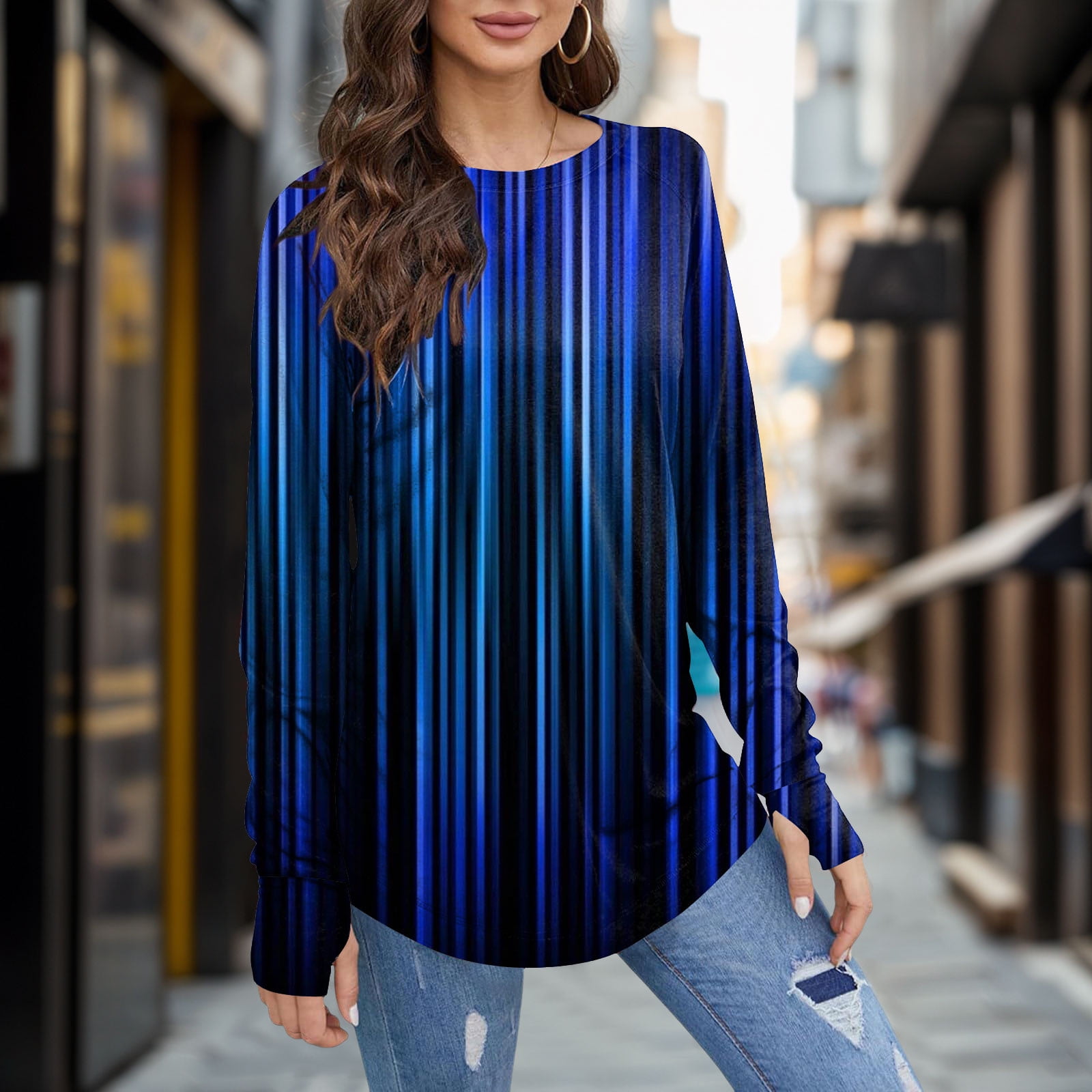 HCYSFG Womens Vertical Striped Print tee Thumb Hole Crew Neck T