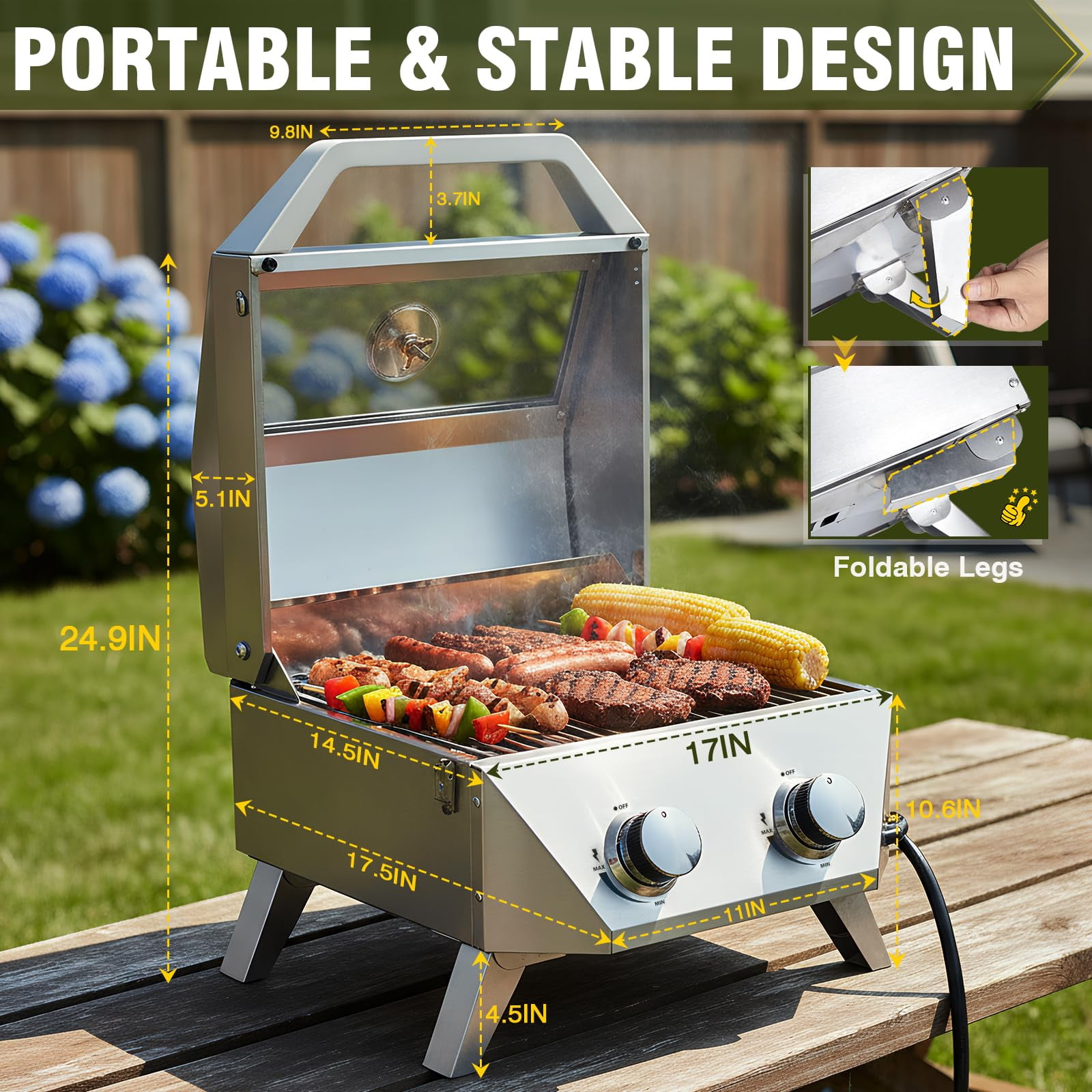 FRIZI 2-Burner Tabletop Gas Grill with Viewing Glass Lid, 20,000 BTU Stainless Steel Portable BBQ Grill with Thermometer and Push-Button Ignition for Camping, RV, Patio, and Tailgating