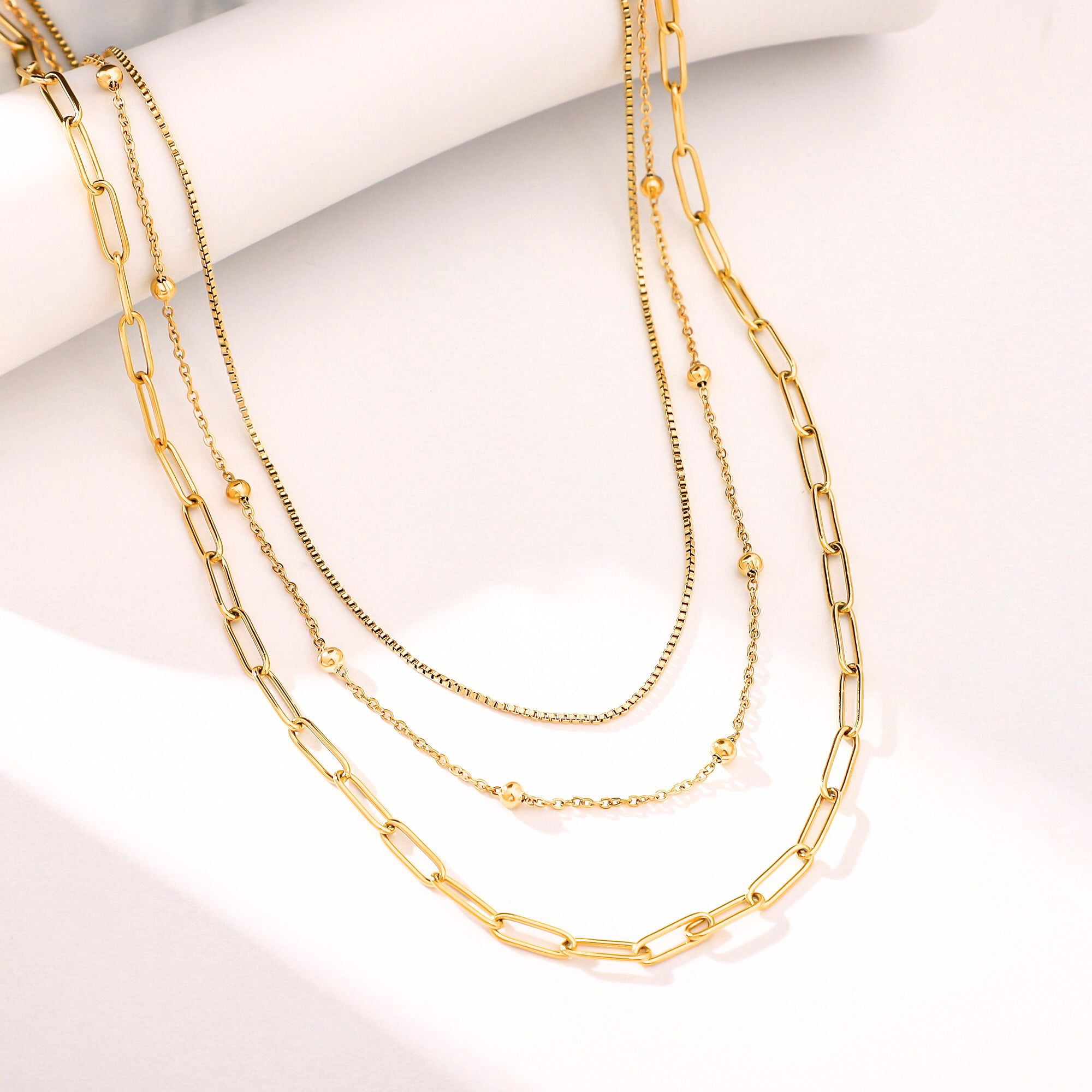 Layered Chain Necklace for Women by Ginger Lyne Gold Plated Stainless Steel Box Bead and Paperclip Chains