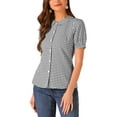 thumbnail image 4 of INSPIRE CHIC Mother's Day Women's Plaid Shirt Peter Pan Collar Puff Short Sleeve Gingham Button Down Blouse M Black, 4 of 5