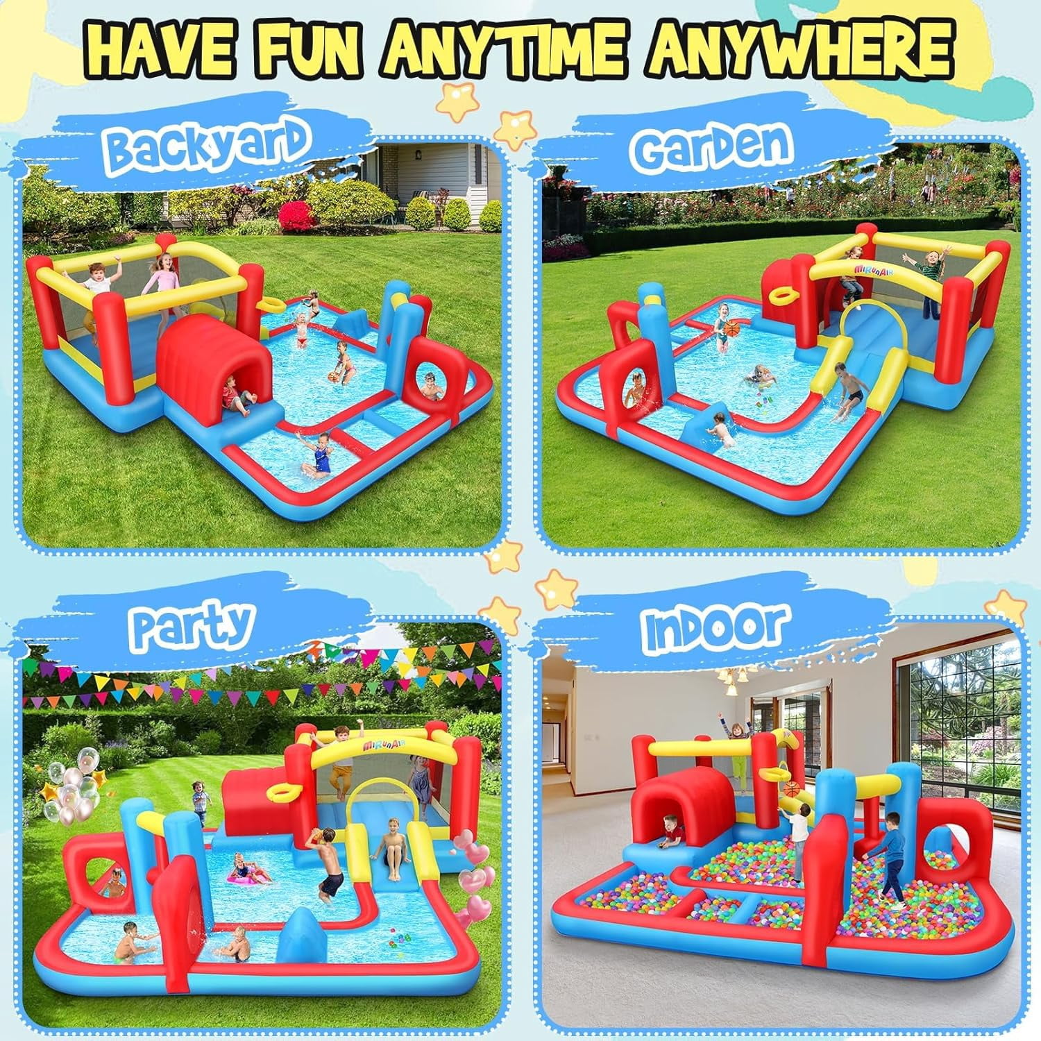 Inflatable Water Slide, Kids Bounce House Castle Splash Pool for 3-8, Backyard Bouncy Castle with 520W Blower,Basketball Hoop,Jumping Area, Obstacle and Tunnel