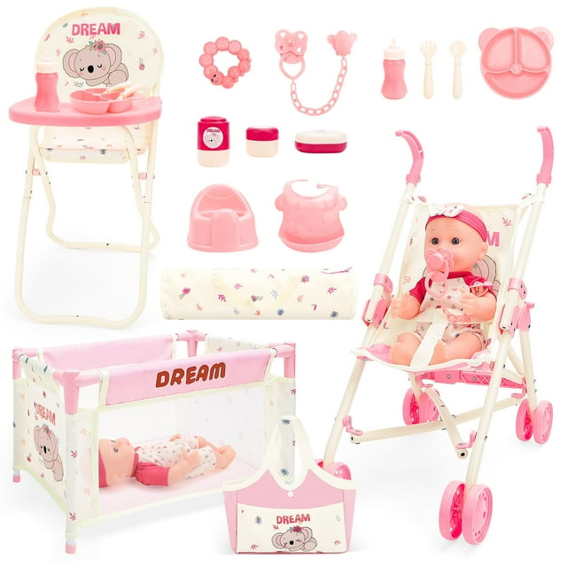Cochecito Baby Doll DeaO con 12 accesorios para niños pequeños