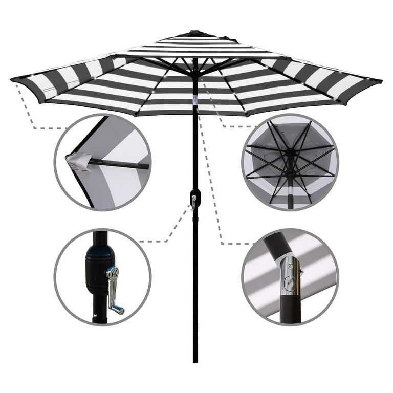 black and white patio umbrella walmart Abble 9 ft Black and White Solar LED Lighted Outdoor Patio Umbrella with Adjustable Tilt