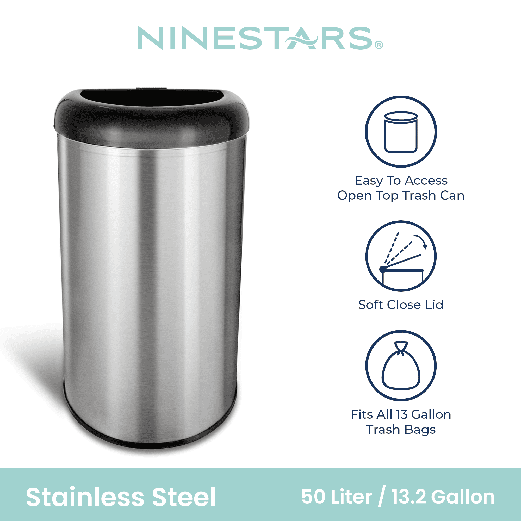 Nine Stars 13-Gal Semi-Round Open Top Stainless Steel Trash Can, D