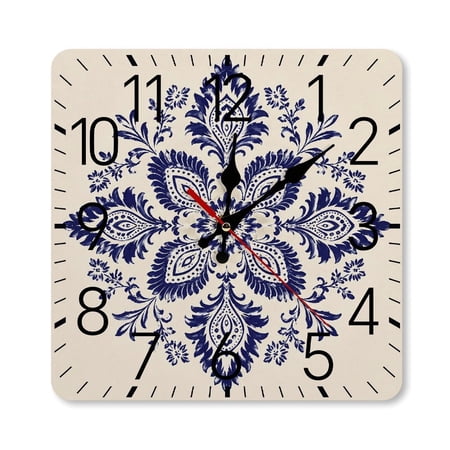 RKSupls 10×10inch Square Silent Wall Clock Wooden Frame, Indigo Damask Medallion on Cream Scale Decorative Clock for Home Bedroom Living Room Office