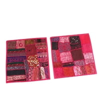 Mogul Indian Ethnic Cushion Cover Pink Embroidered Patchwork Cotton Decorative Pillow Case