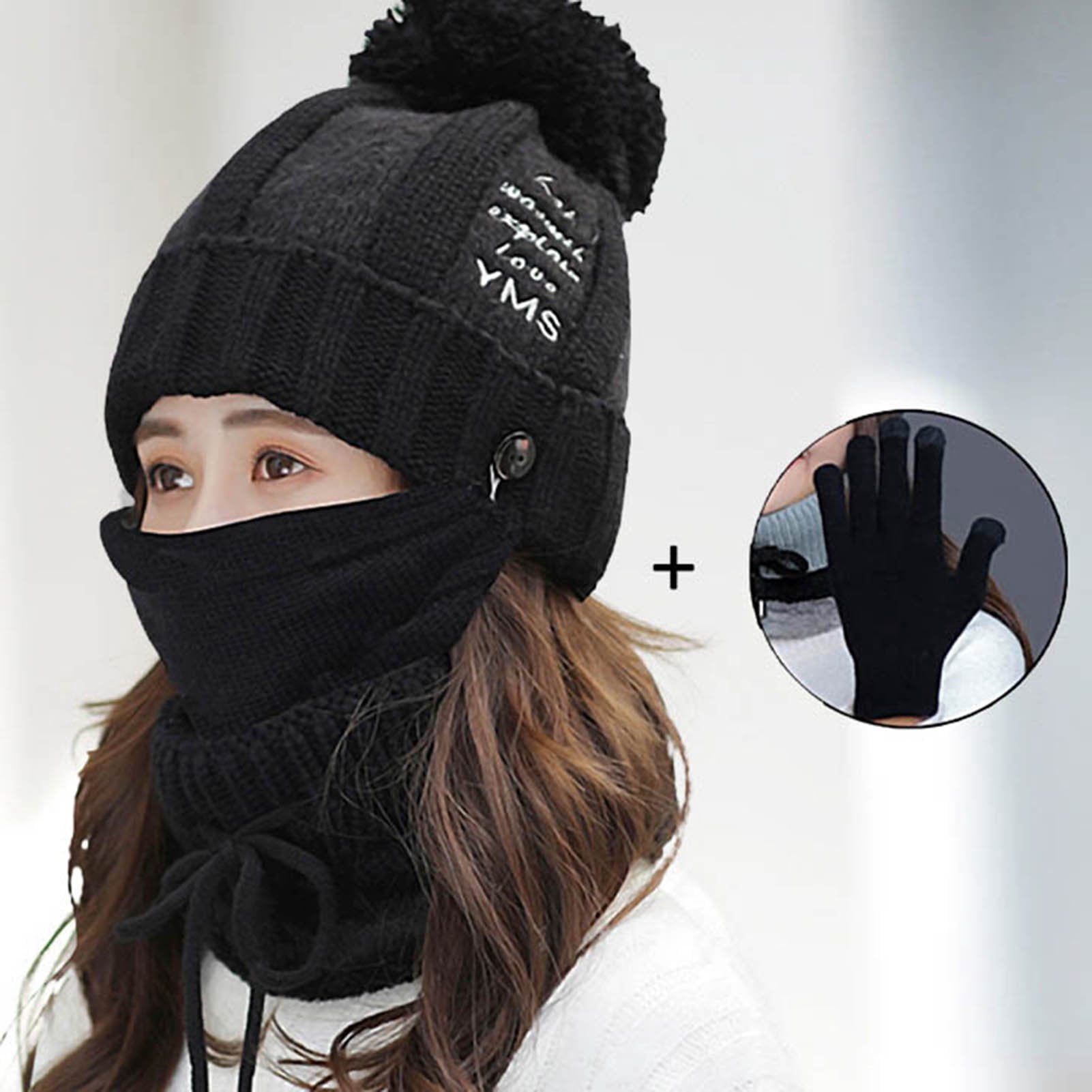 Women Winter Hat Set of 4 , Winter Beanie with Buttons Scarf Facial Cover and Touch Screen Gloves Fleece Lining Kint Hat
