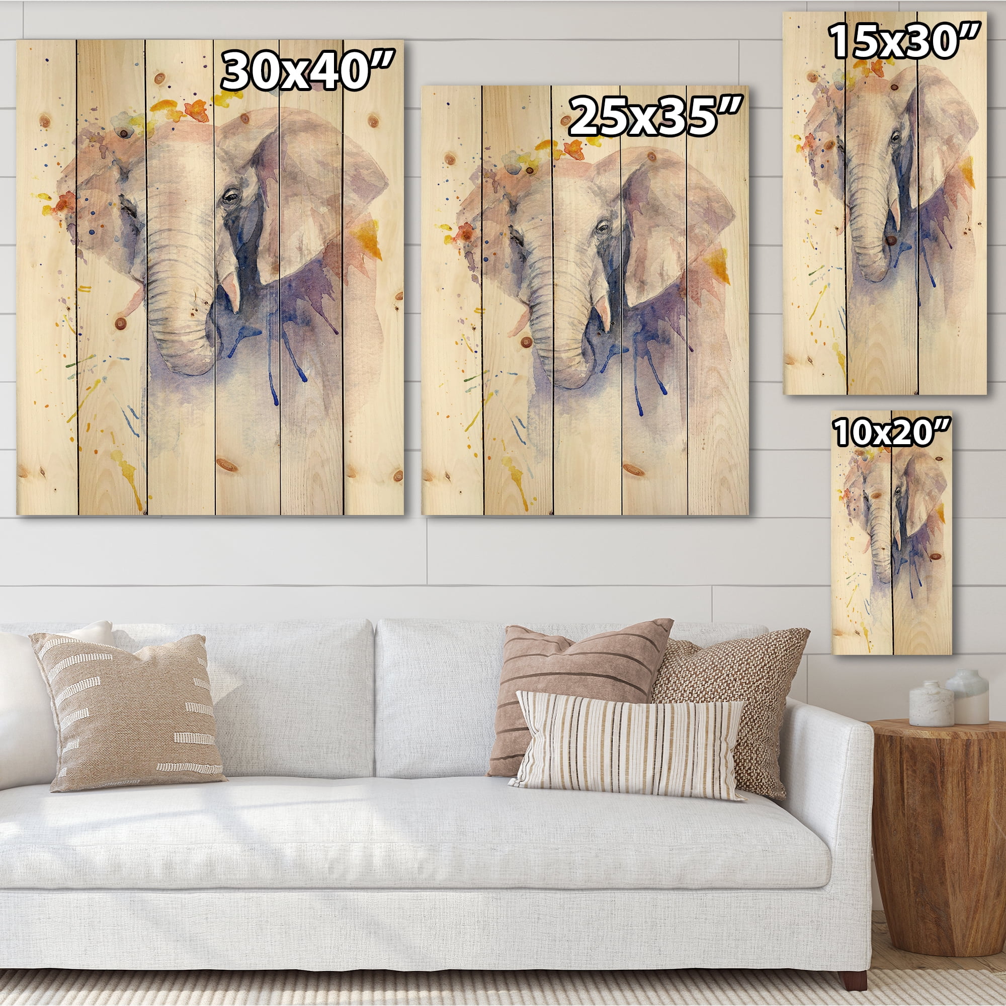 Designart 'Portrait of An Elephant Yellow and Blue Strokes' Farmhouse Print on Natural Pine Wood