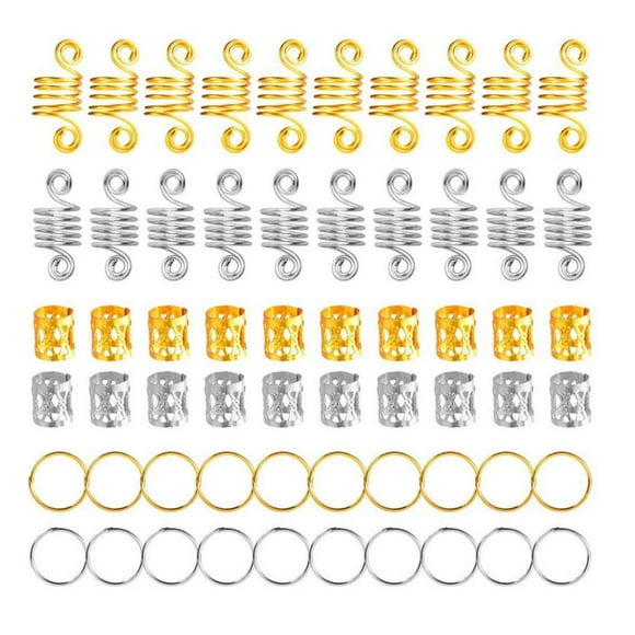 60 piezas de accesorios de metal para el cabello de estilos variados, anillos para puños, cuentas en espiral, botones de rastas, decoraciones trenzadas, pasadores de extensión para peluquería (oro y p