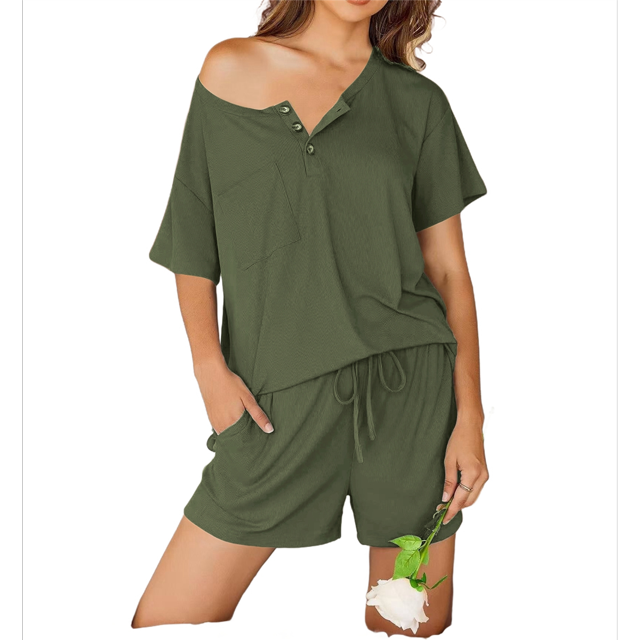 Conjuntos de Pijama para Mujer, 2 Piezas, de Punto Acanalado, Corta, Ropa de Dormir Suave, Conjuntos de Verano para Estar en Casa, Verde , Talla S