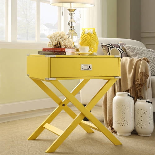 Weston Home Modern End Table with XBase Legs and Drawer, Yellow